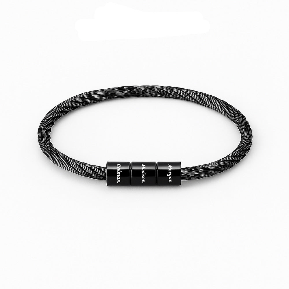 Personalized Stainless Steel Wire Rope Bracelet - Custom Engraved Bead