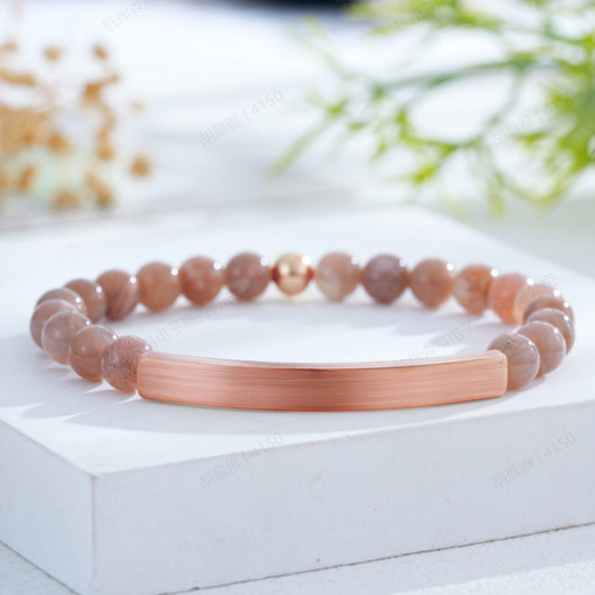 Custom Engraved Natural Stone Bracelet with Stainless Steel 3D curved Bar and Bead - Rose Gold