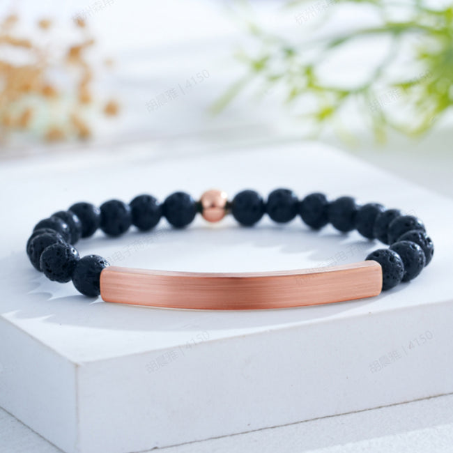Custom Engraved Natural Stone Bracelet with Stainless Steel 3D curved Bar and Bead - Rose Gold