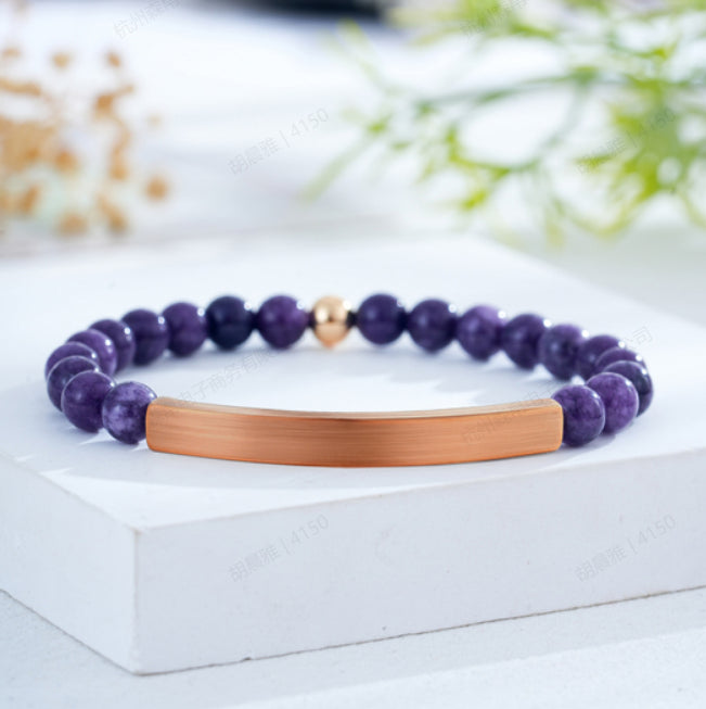 Custom Engraved Natural Stone Bracelet with Stainless Steel 3D curved Bar and Bead - Rose Gold
