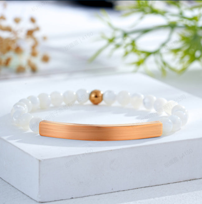 Custom Engraved Natural Stone Bracelet with Stainless Steel 3D curved Bar and Bead - Rose Gold