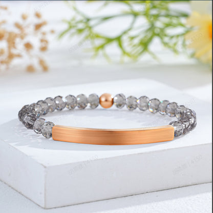 Custom Engraved Natural Stone Bracelet with Stainless Steel 3D curved Bar and Bead - Rose Gold