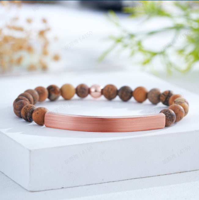 Custom Engraved Natural Stone Bracelet with Stainless Steel 3D curved Bar and Bead - Rose Gold