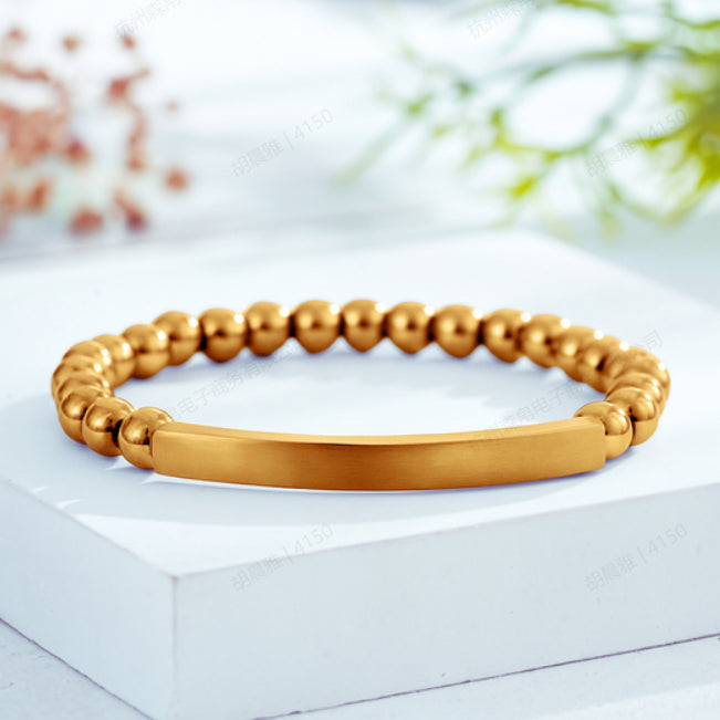 Custom Engraved Natural Stone Bracelet with Stainless Steel 3D curved Bar and Bead - Rose Gold