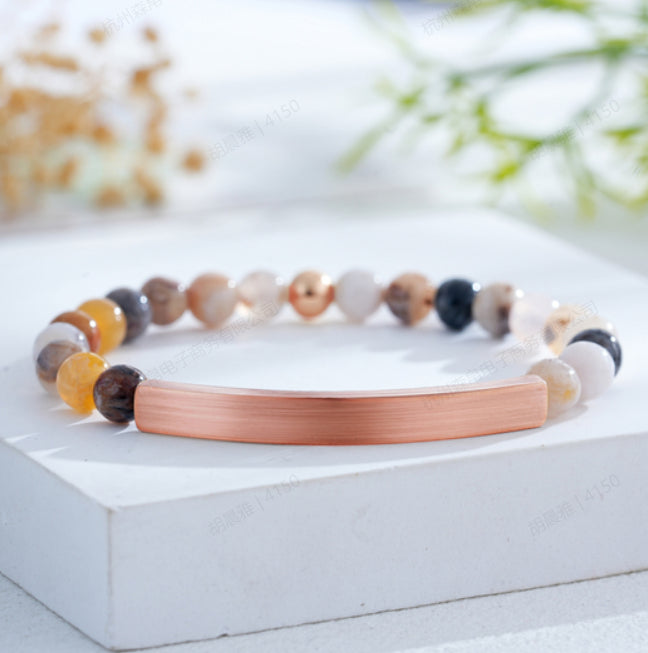 Custom Engraved Natural Stone Bracelet with Stainless Steel 3D curved Bar and Bead - Rose Gold