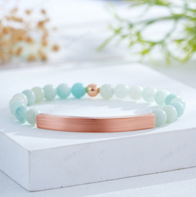 Custom Engraved Natural Stone Bracelet with Stainless Steel 3D curved Bar and Bead - Rose Gold