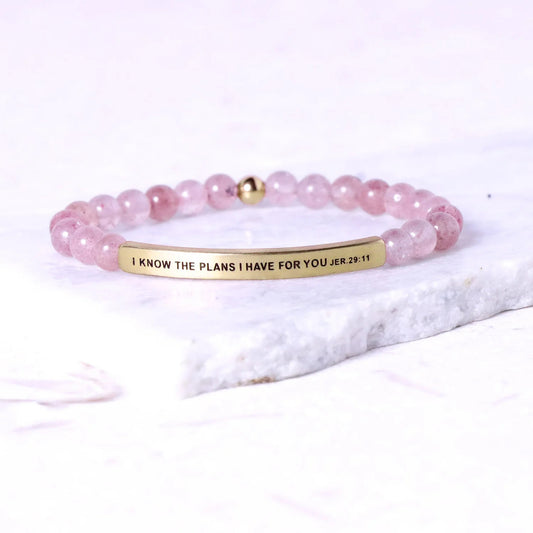 Custom Engraved Natural Stone Bracelet with Stainless Steel 3D curved Bar and Bead - Gold