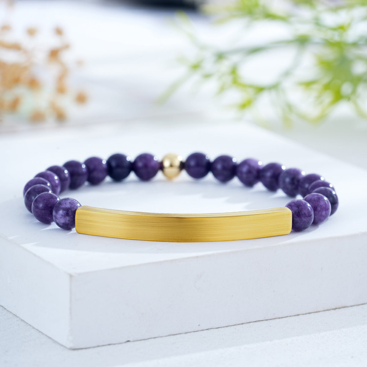 Custom Engraved Natural Stone Bracelet with Stainless Steel 3D curved Bar and Bead - Gold