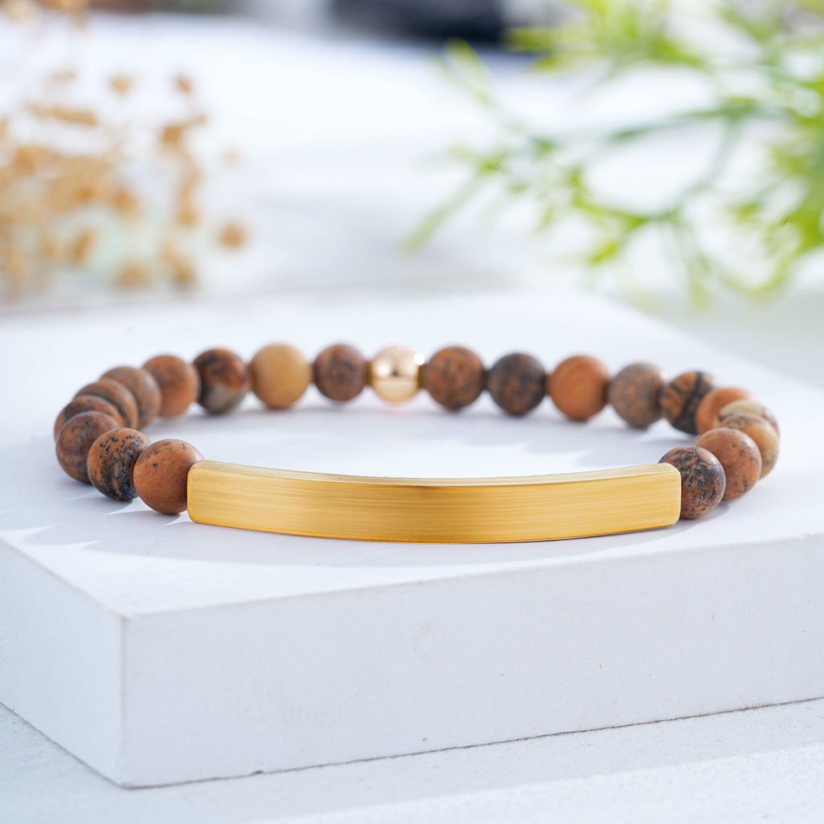 Custom Engraved Natural Stone Bracelet with Stainless Steel 3D curved Bar and Bead - Gold