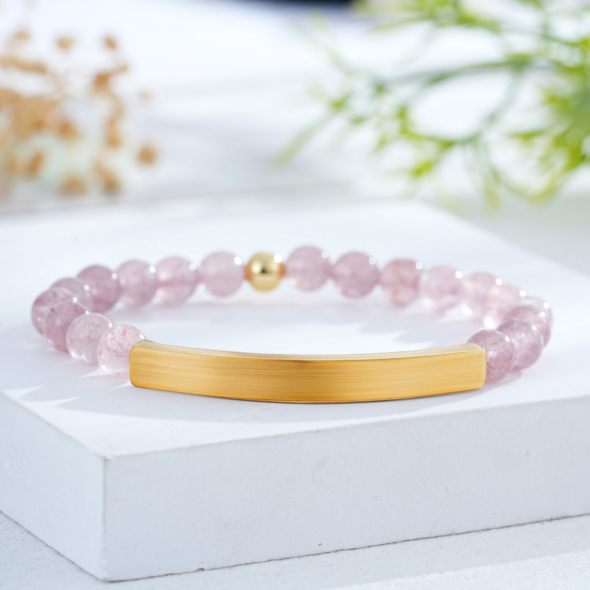 Custom Engraved Natural Stone Bracelet with Stainless Steel 3D curved Bar and Bead - Gold