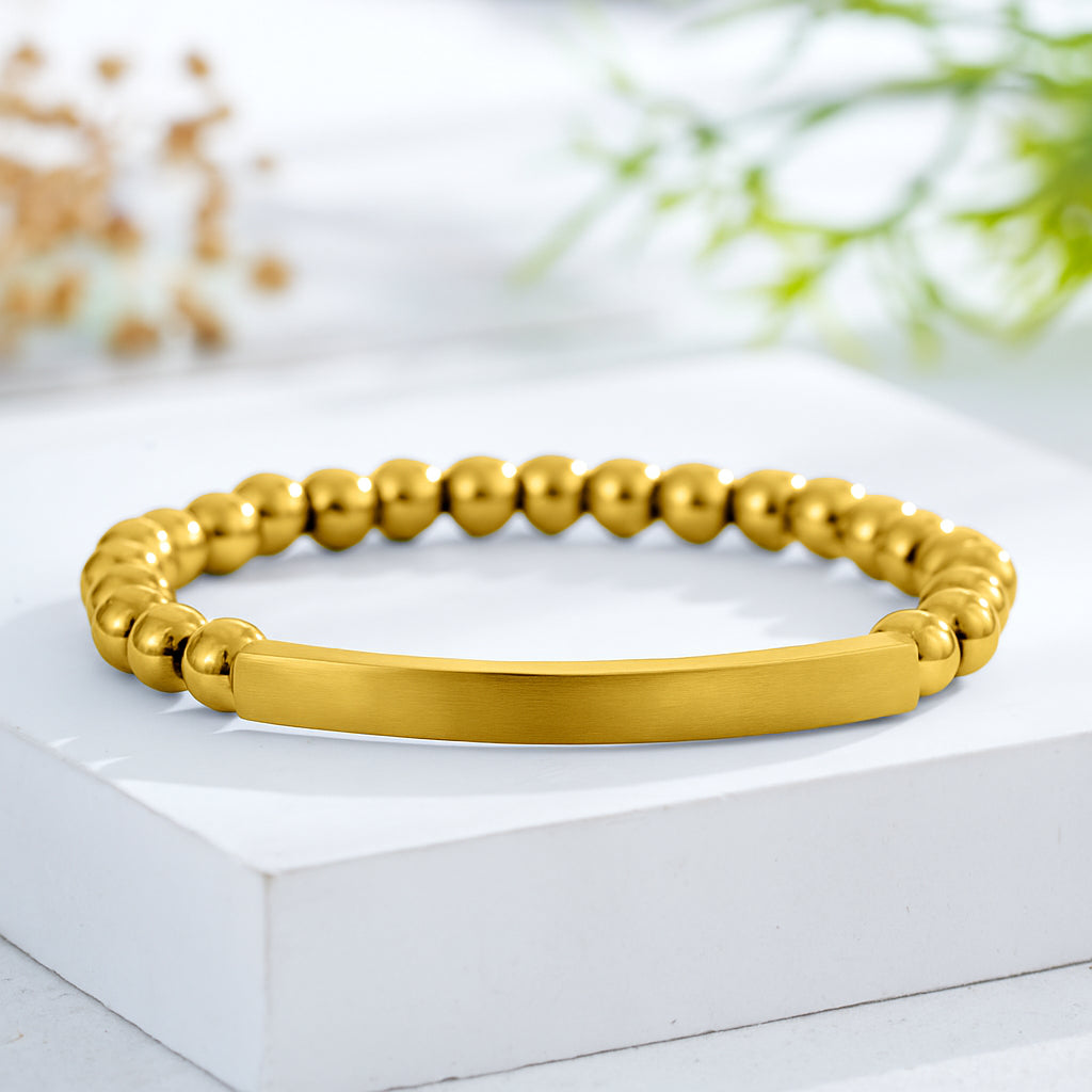 Custom Engraved Natural Stone Bracelet with Stainless Steel 3D curved Bar and Bead - Gold