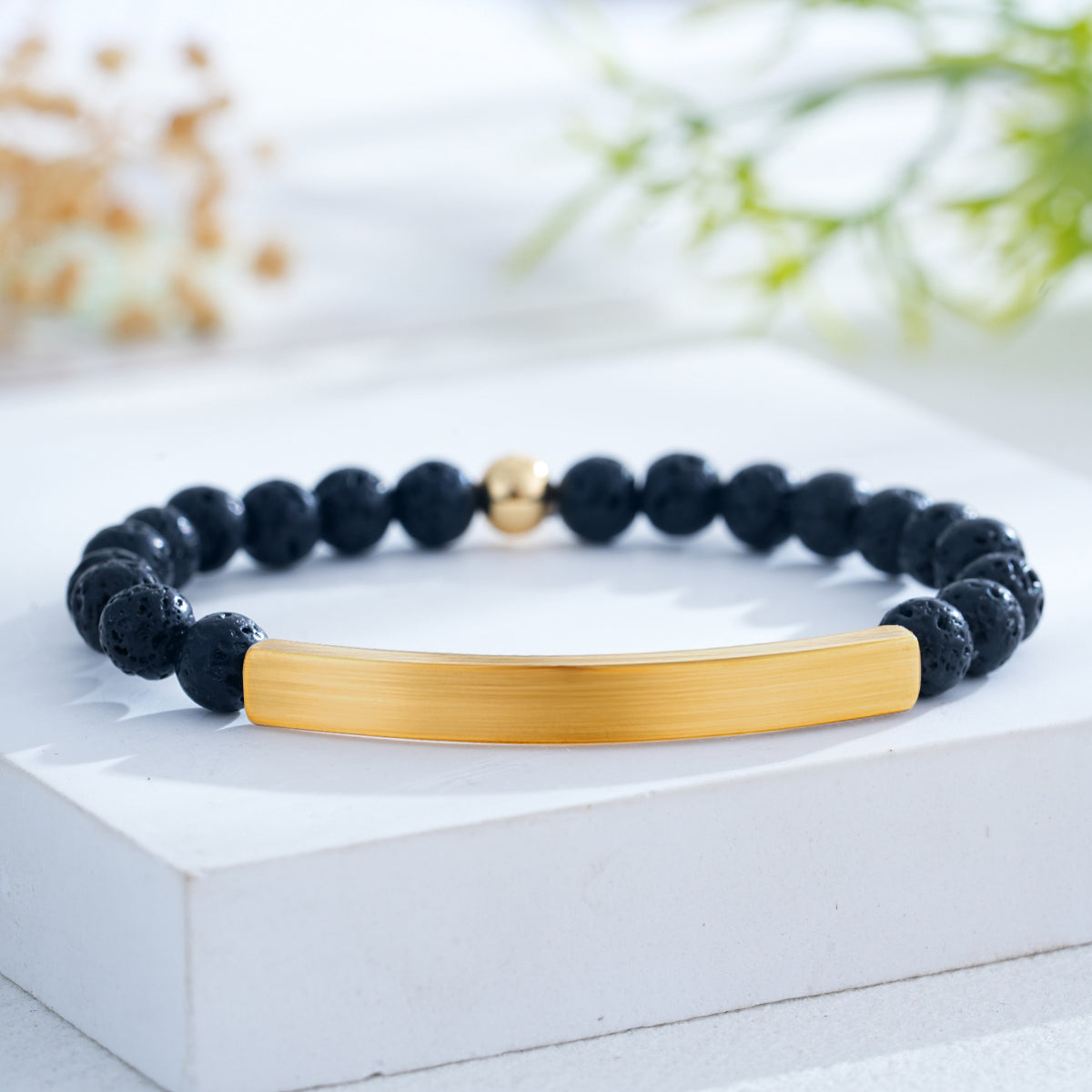 Custom Engraved Natural Stone Bracelet with Stainless Steel 3D curved Bar and Bead - Gold