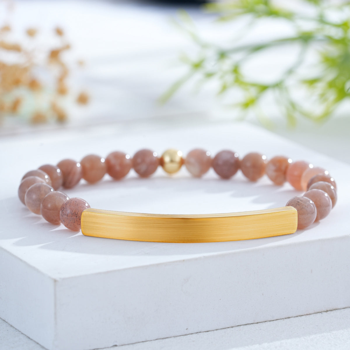 Custom Engraved Natural Stone Bracelet with Stainless Steel 3D curved Bar and Bead - Gold