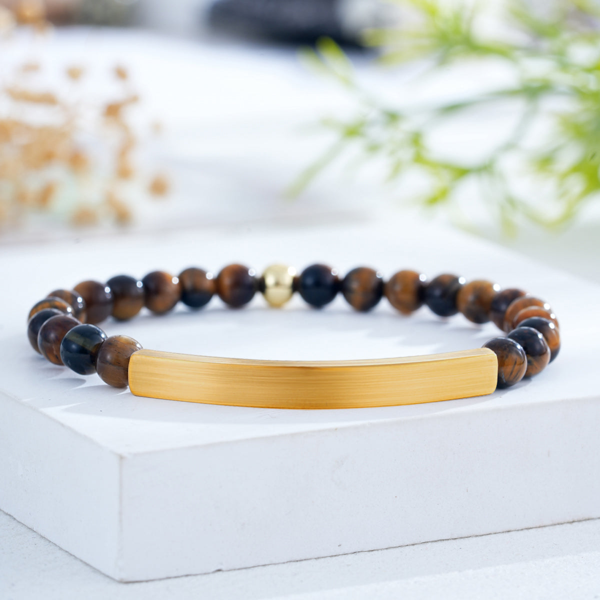 Custom Engraved Natural Stone Bracelet with Stainless Steel 3D curved Bar and Bead - Gold