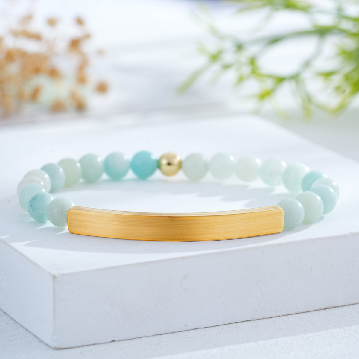 Custom Engraved Natural Stone Bracelet with Stainless Steel 3D curved Bar and Bead - Gold