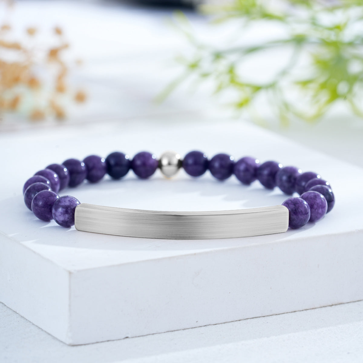 Custom Engraved Natural Stone Bracelet with Stainless Steel 3D curved Bar and Bead - Silver