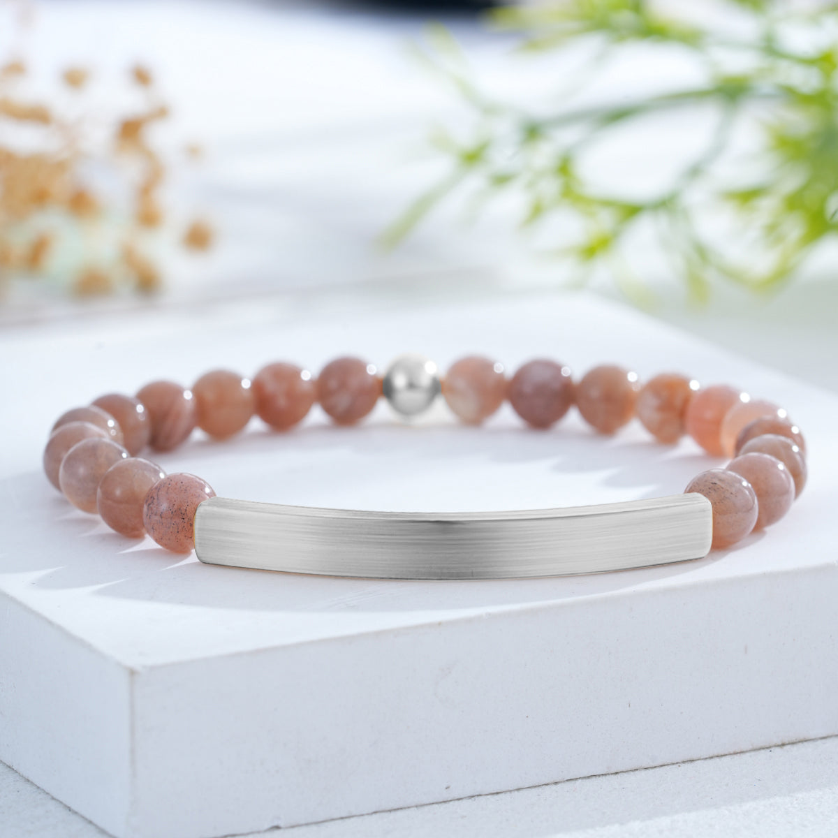 Custom Engraved Natural Stone Bracelet with Stainless Steel 3D curved Bar and Bead - Silver