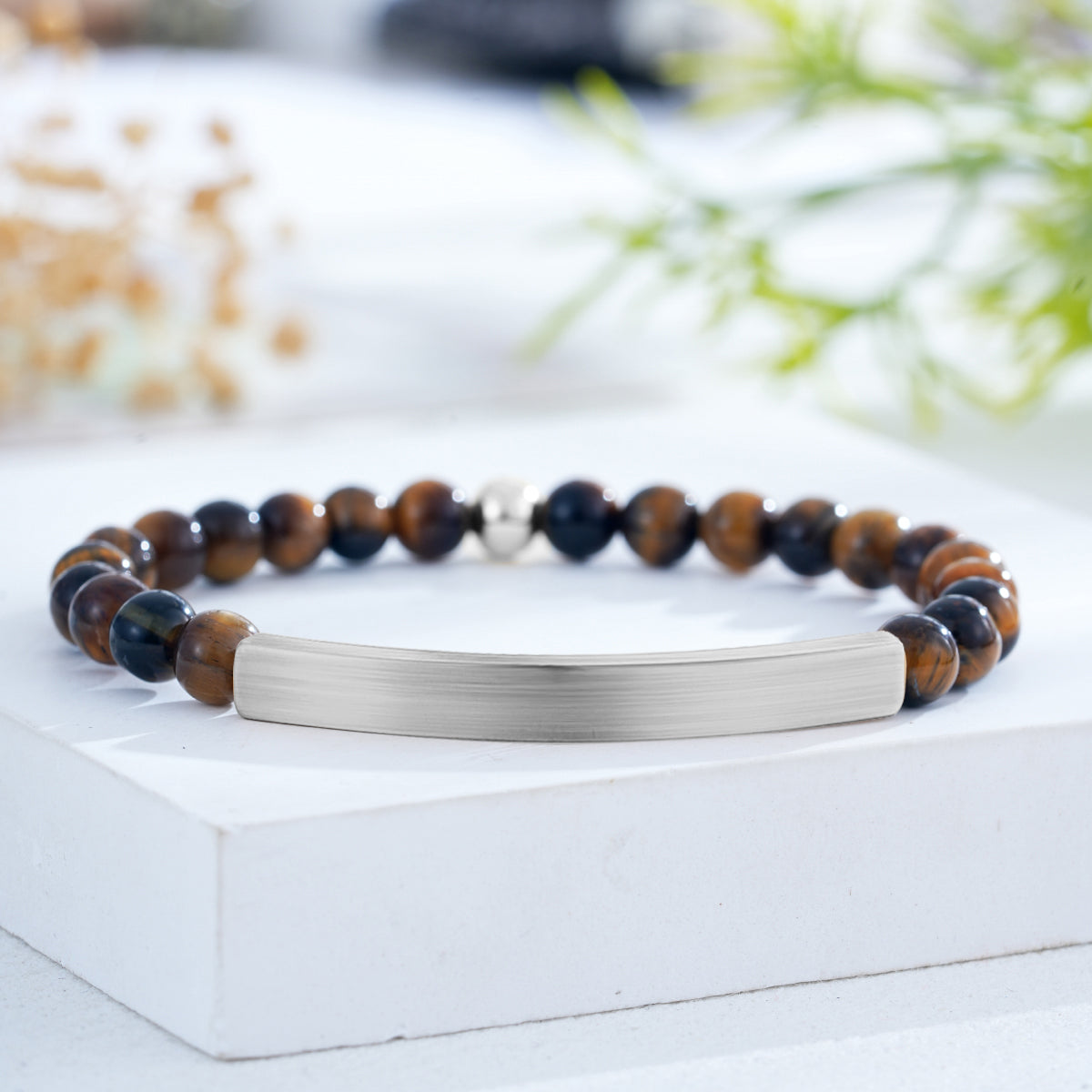 Custom Engraved Natural Stone Bracelet with Stainless Steel 3D curved Bar and Bead - Silver