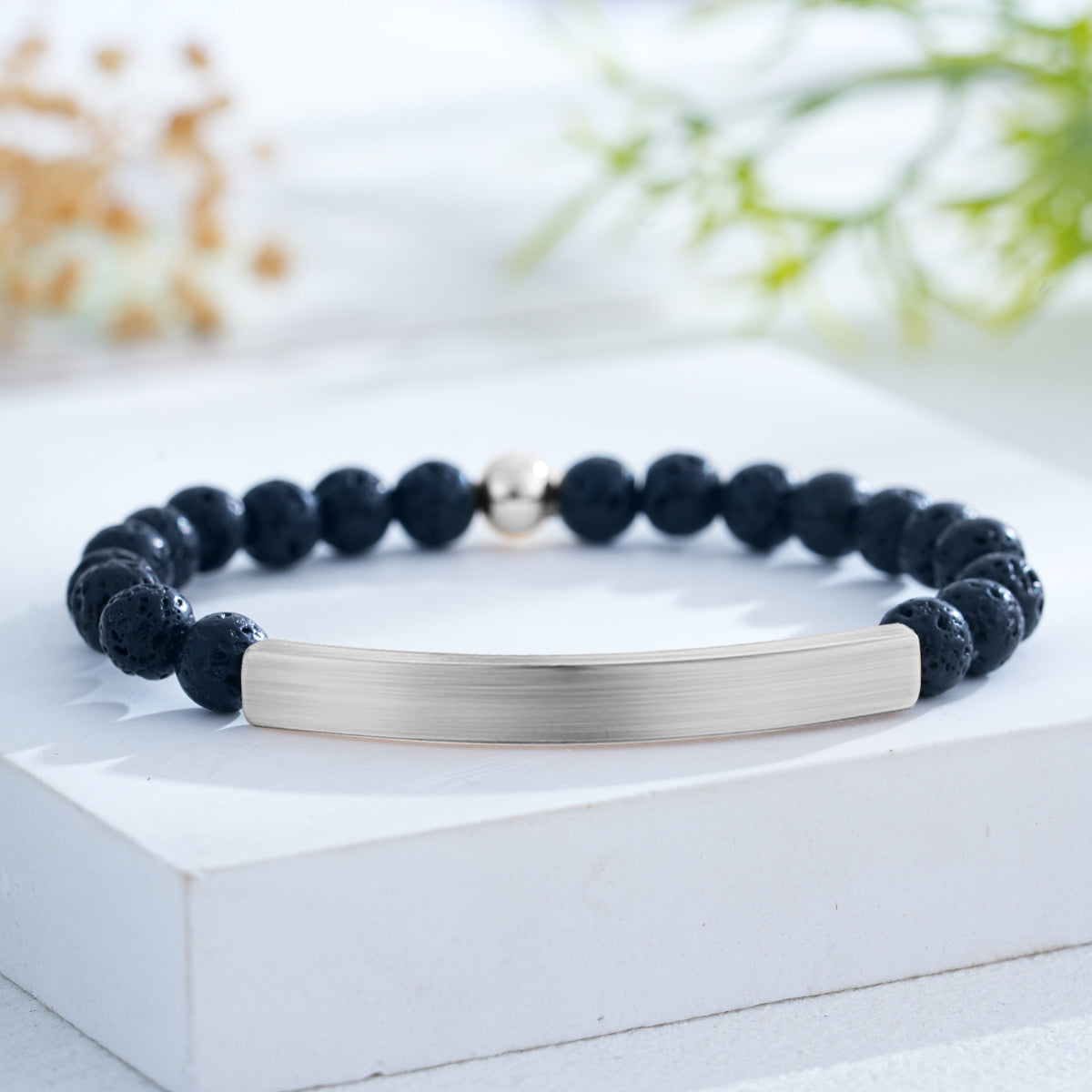 Custom Engraved Natural Stone Bracelet with Stainless Steel 3D curved Bar and Bead - Silver