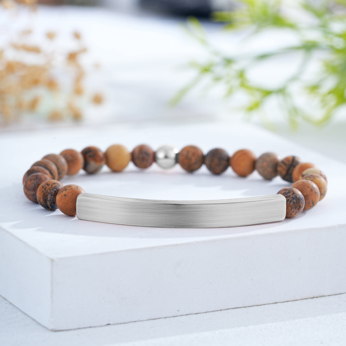 Custom Engraved Natural Stone Bracelet with Stainless Steel 3D curved Bar and Bead - Silver