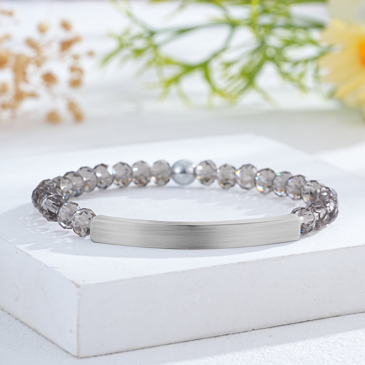 Custom Engraved Natural Stone Bracelet with Stainless Steel 3D curved Bar and Bead - Silver