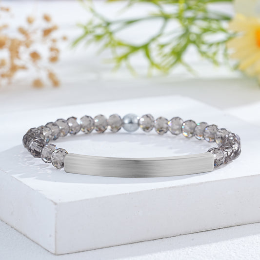 Custom Engraved Natural Stone Bracelet with Stainless Steel 3D curved Bar and Bead - Silver