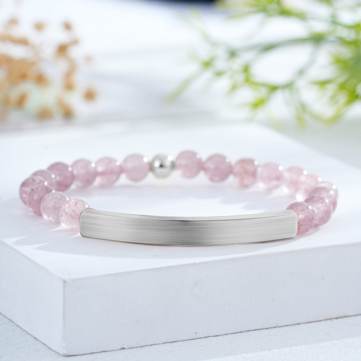 Custom Engraved Natural Stone Bracelet with Stainless Steel 3D curved Bar and Bead - Silver