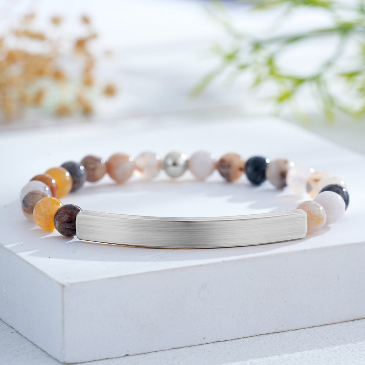 Custom Engraved Natural Stone Bracelet with Stainless Steel 3D curved Bar and Bead - Silver