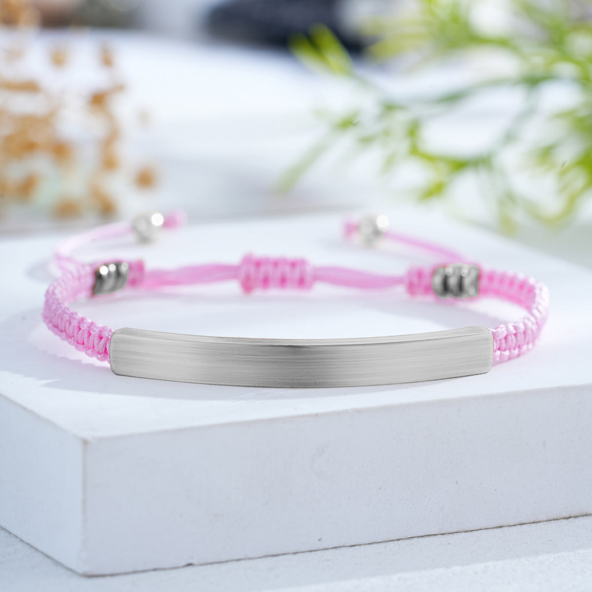 Custom Engraved Woven Bracelet with Stainless Steel 3D Rectangular Bar - Silver