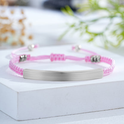 Custom Engraved Woven Bracelet with Stainless Steel 3D Rectangular Bar - Silver