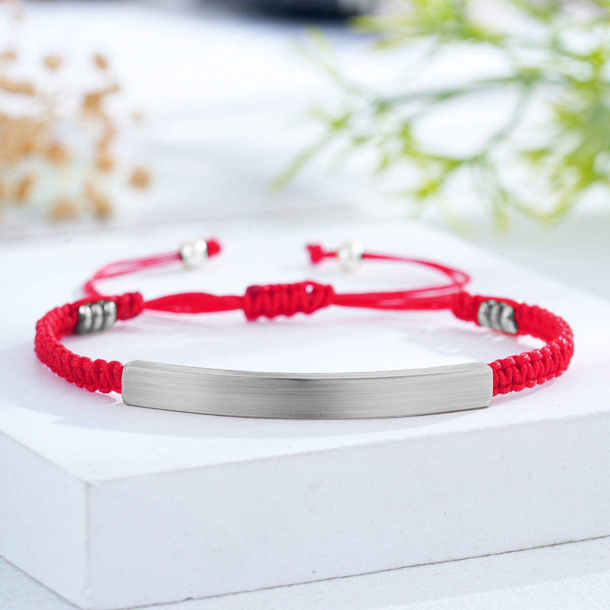 Custom Engraved Woven Bracelet with Stainless Steel 3D Rectangular Bar - Silver