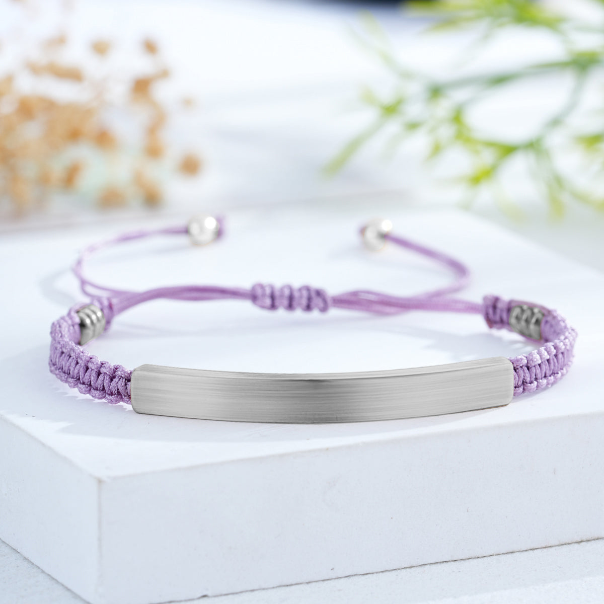 Custom Engraved Woven Bracelet with Stainless Steel 3D Rectangular Bar - Silver