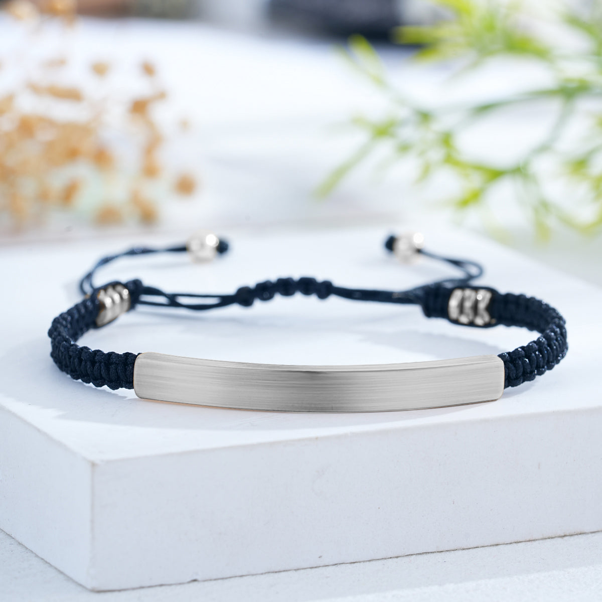 Custom Engraved Woven Bracelet with Stainless Steel 3D Rectangular Bar - Silver