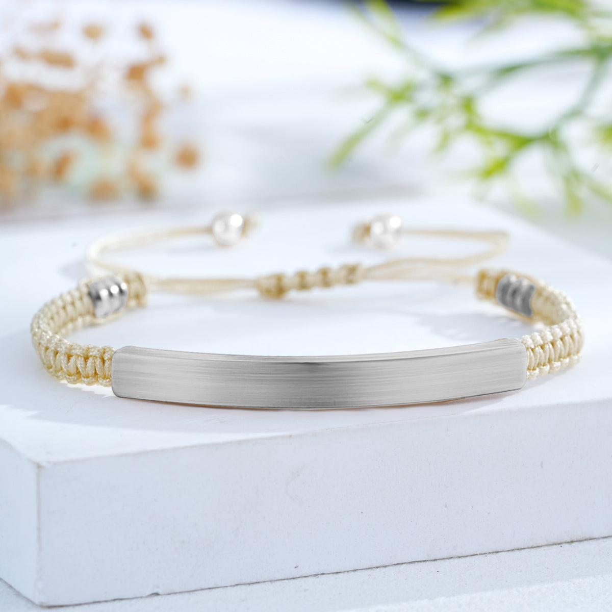 Custom Engraved Woven Bracelet with Stainless Steel 3D Rectangular Bar - Silver