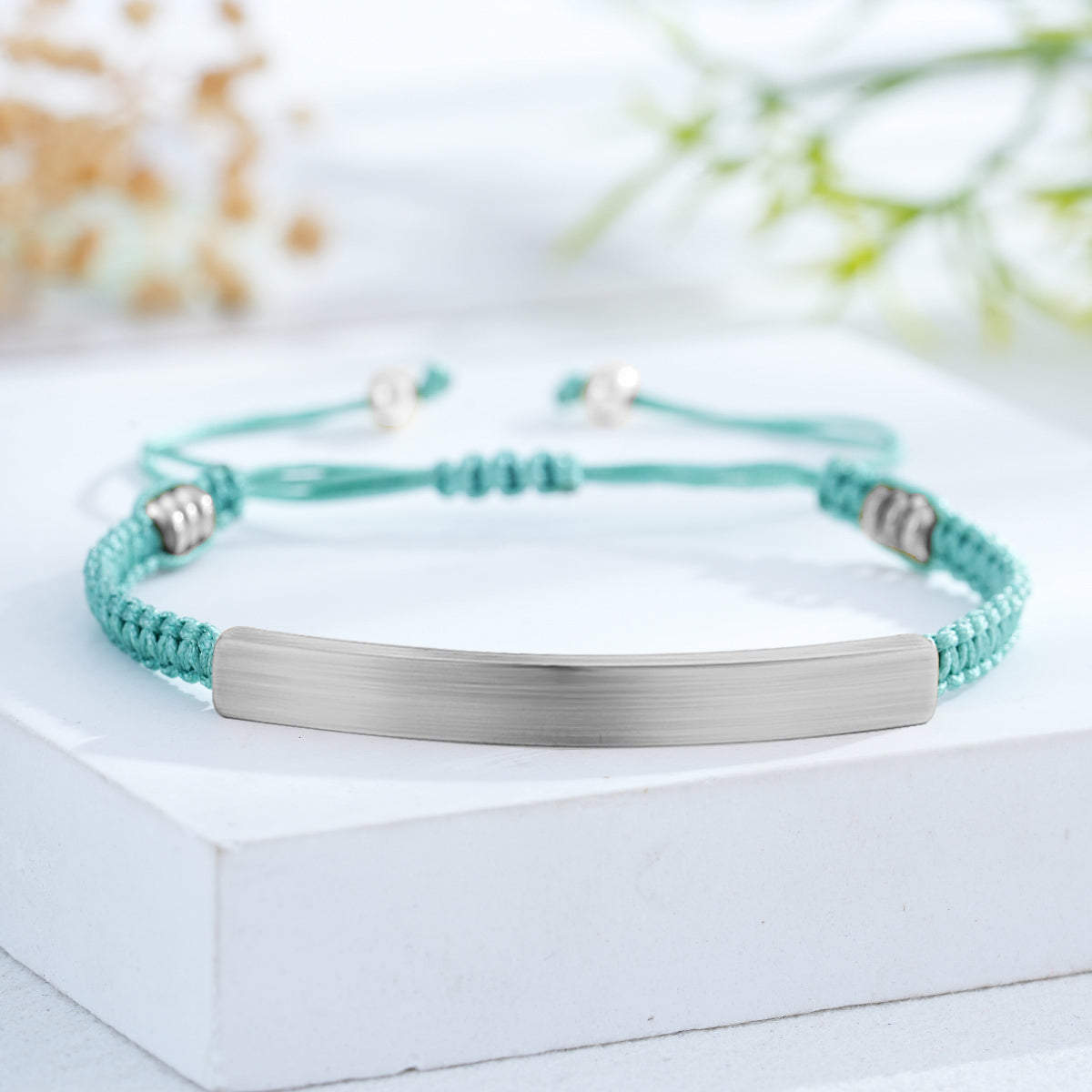 Custom Engraved Woven Bracelet with Stainless Steel 3D Rectangular Bar - Silver