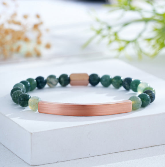 Custom Engraved Natural Stone Bracelet with Stainless Steel 3D Rectangular Bar - Rose Gold