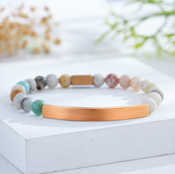 Custom Engraved Natural Stone Bracelet with Stainless Steel 3D Rectangular Bar - Rose Gold