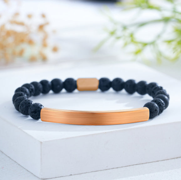 Custom Engraved Natural Stone Bracelet with Stainless Steel 3D Rectangular Bar - Rose Gold