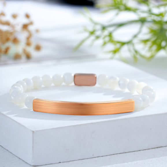 Custom Engraved Natural Stone Bracelet with Stainless Steel 3D Rectangular Bar - Rose Gold