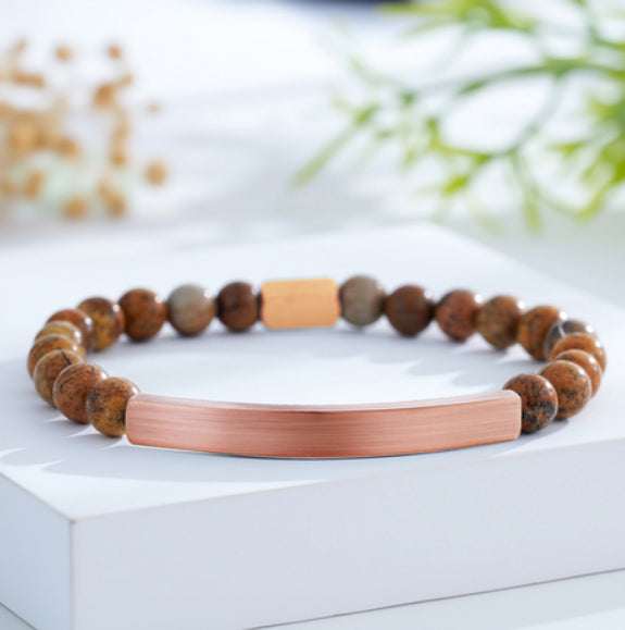 Custom Engraved Natural Stone Bracelet with Stainless Steel 3D Rectangular Bar - Rose Gold