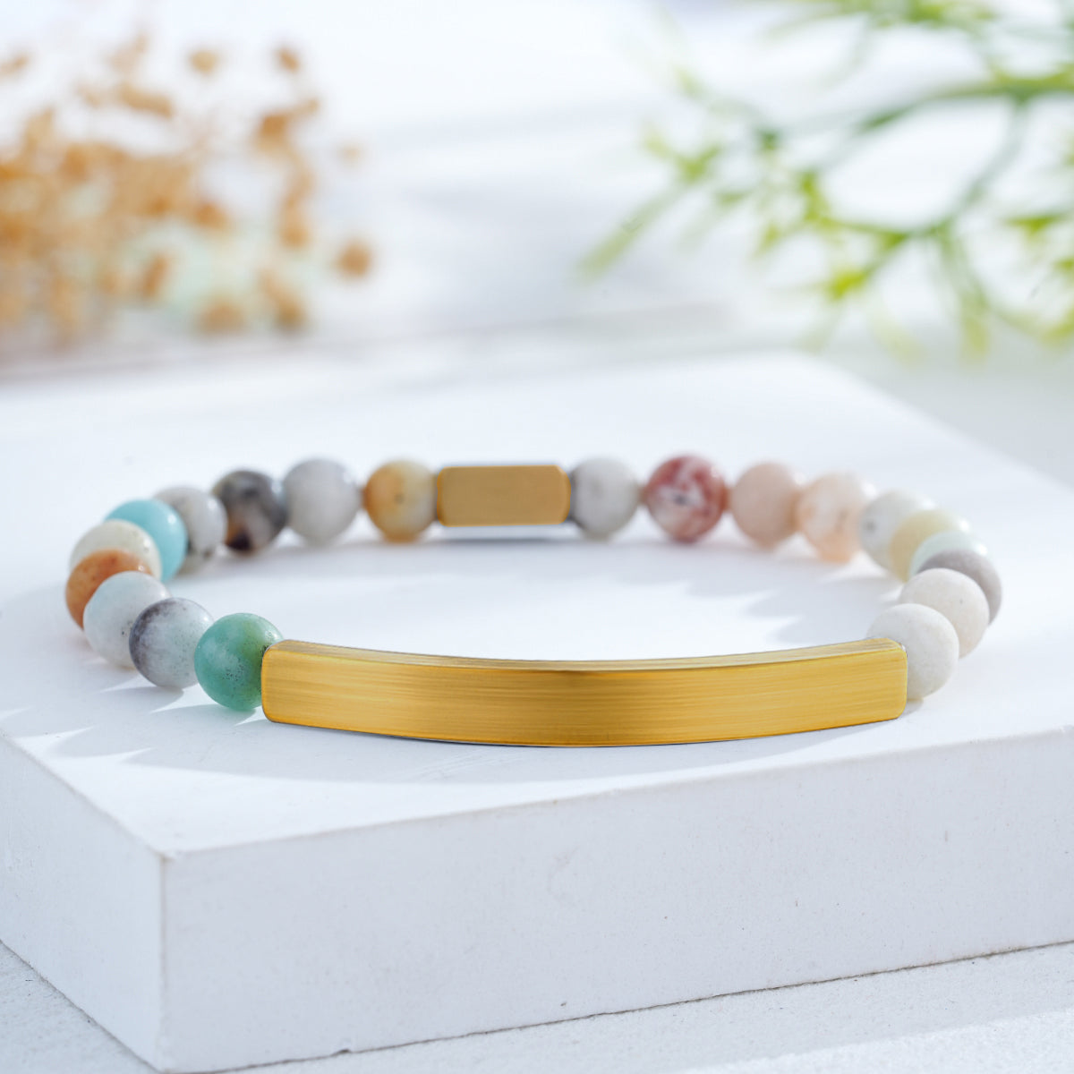 Custom Engraved Natural Stone Bracelet with Stainless Steel 3D Rectangular Bar - Gold