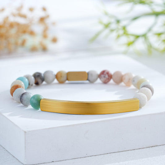 Custom Engraved Natural Stone Bracelet with Stainless Steel 3D Rectangular Bar - Gold
