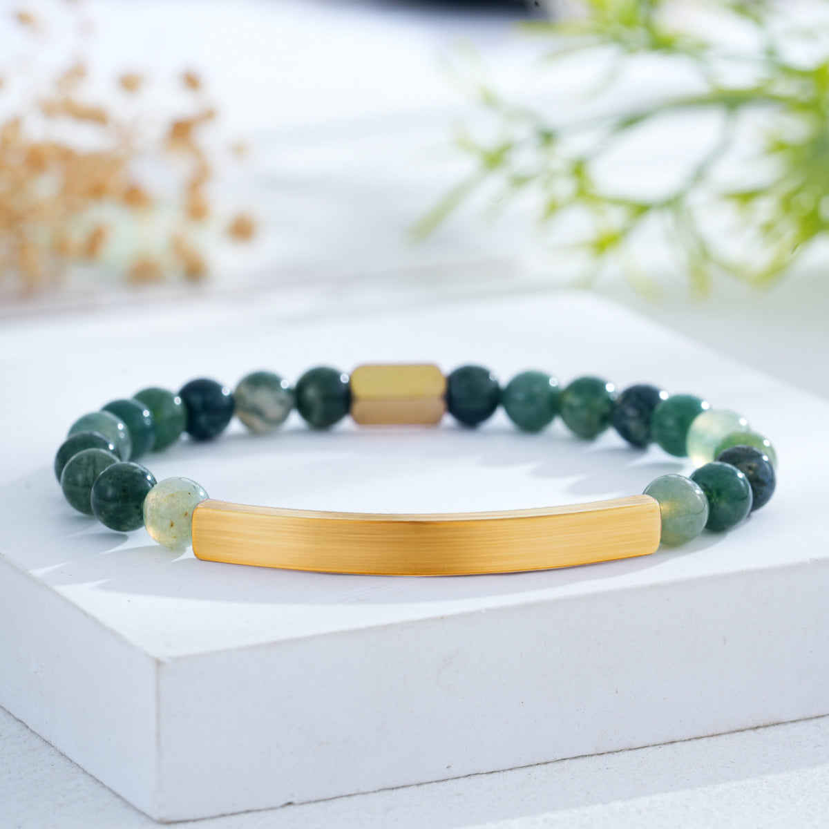 Custom Engraved Natural Stone Bracelet with Stainless Steel 3D Rectangular Bar - Gold