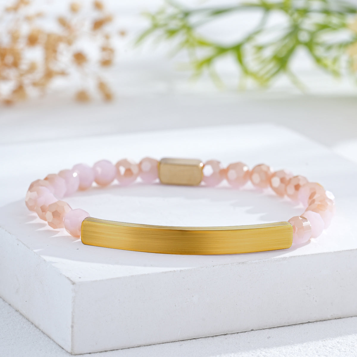 Custom Engraved Natural Stone Bracelet with Stainless Steel 3D Rectangular Bar - Gold
