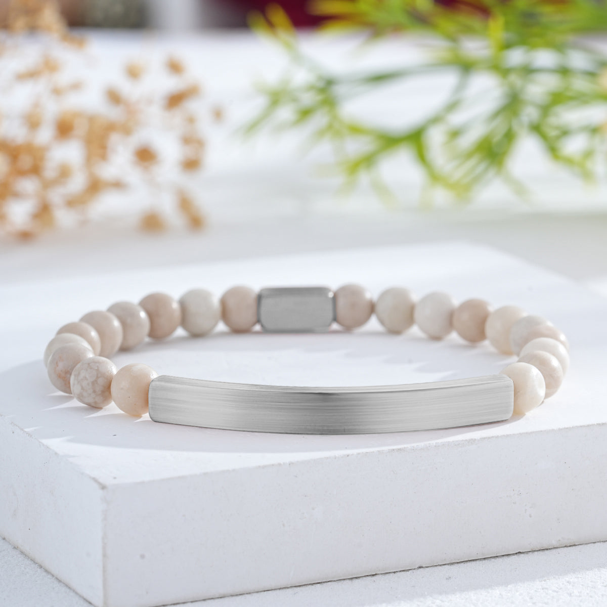 Custom Engraved Natural Stone Bracelet with Stainless Steel 3D Rectangular Bar - Silver