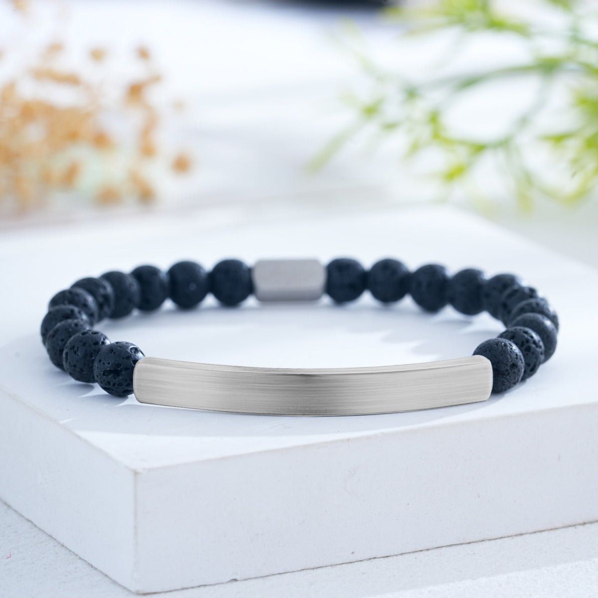 Custom Engraved Natural Stone Bracelet with Stainless Steel 3D Rectangular Bar - Silver