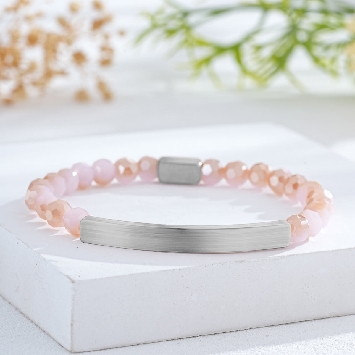 Custom Engraved Natural Stone Bracelet with Stainless Steel 3D Rectangular Bar - Silver