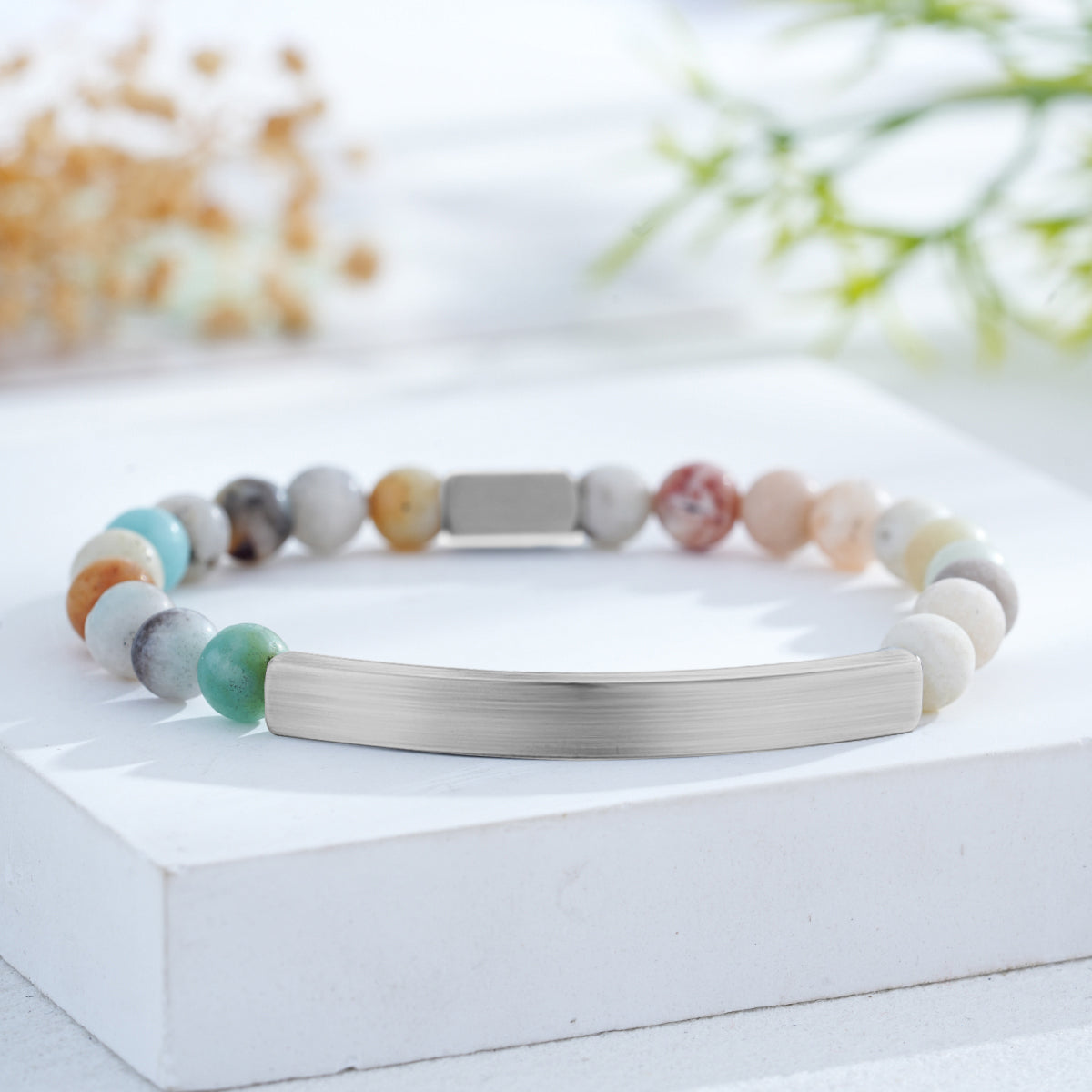 Custom Engraved Natural Stone Bracelet with Stainless Steel 3D Rectangular Bar - Silver