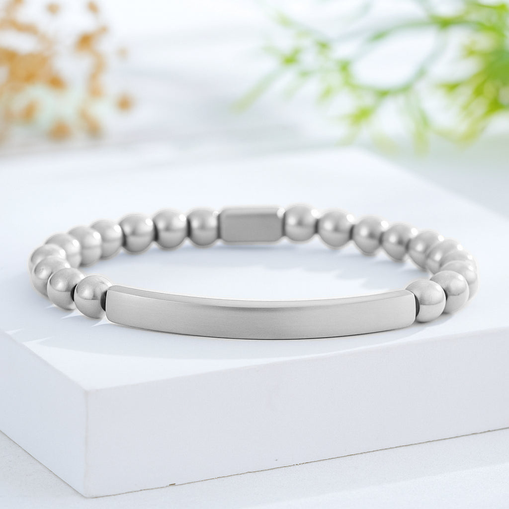 Custom Engraved Natural Stone Bracelet with Stainless Steel 3D Rectangular Bar - Silver
