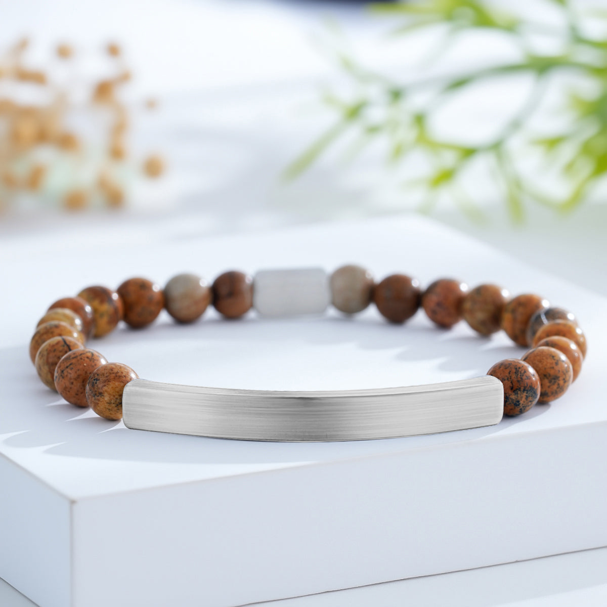 Custom Engraved Natural Stone Bracelet with Stainless Steel 3D Rectangular Bar - Silver